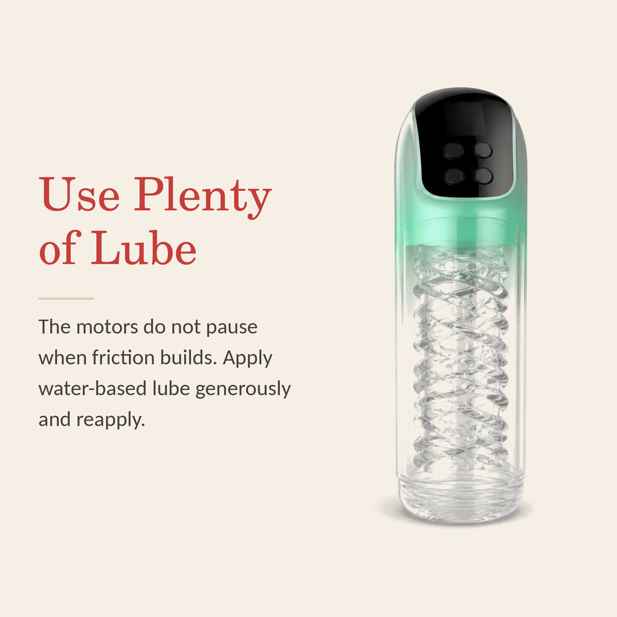 PulseForge X feature banner: Use Plenty of Lube — the motors do not pause when friction builds; apply water-based lube generously and reapply