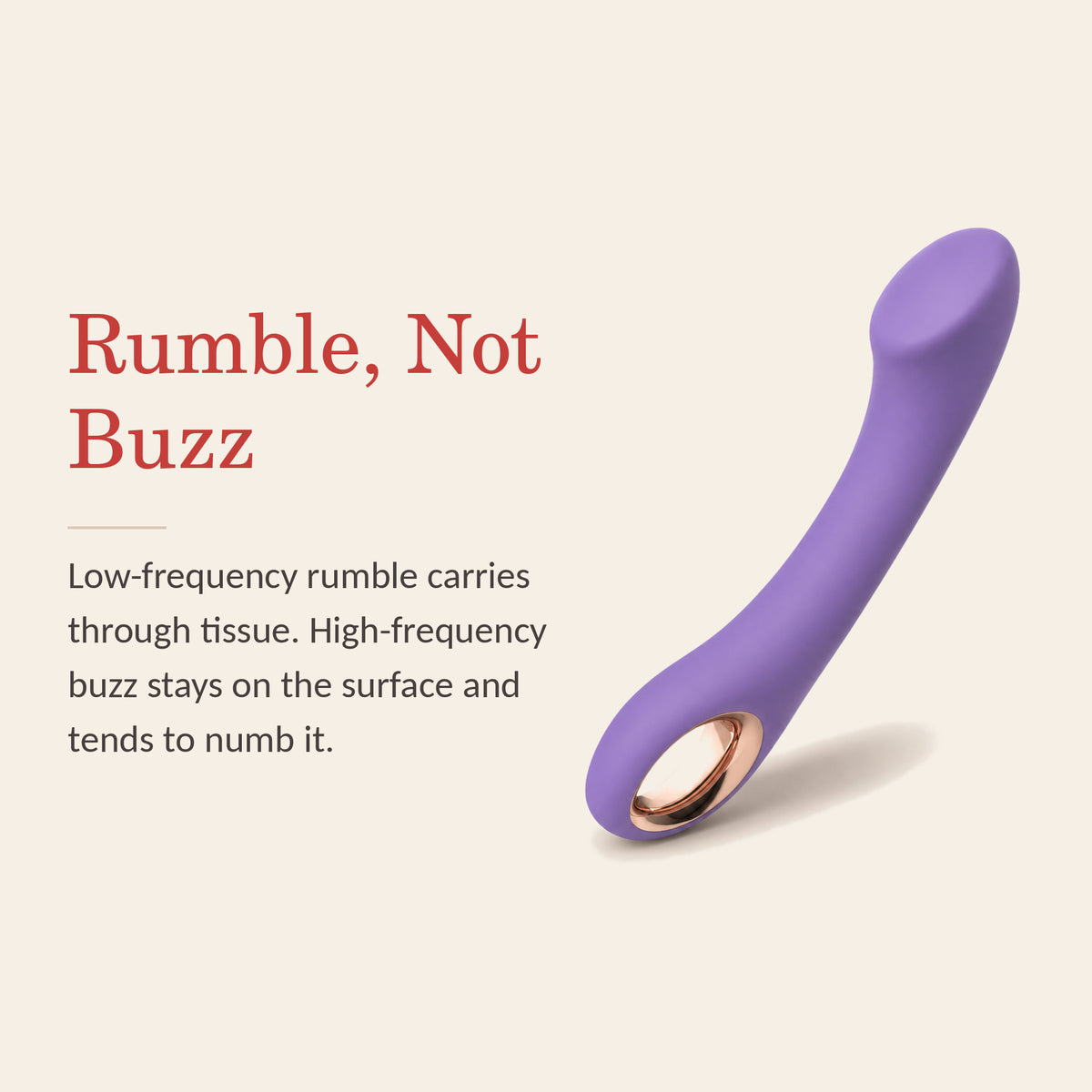 Velvet Pulse feature banner: rumble not buzz — low-frequency vibration carries through tissue rather than staying on the surface