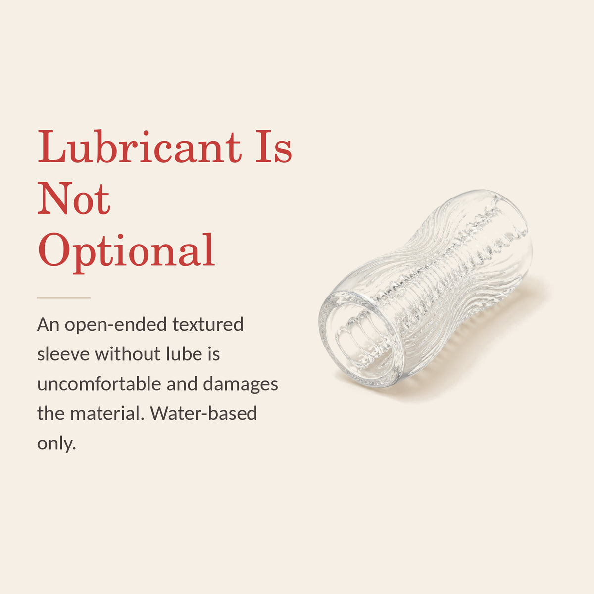Crystal Touch feature banner: lubricant is not optional on an open-ended textured sleeve — water-based only