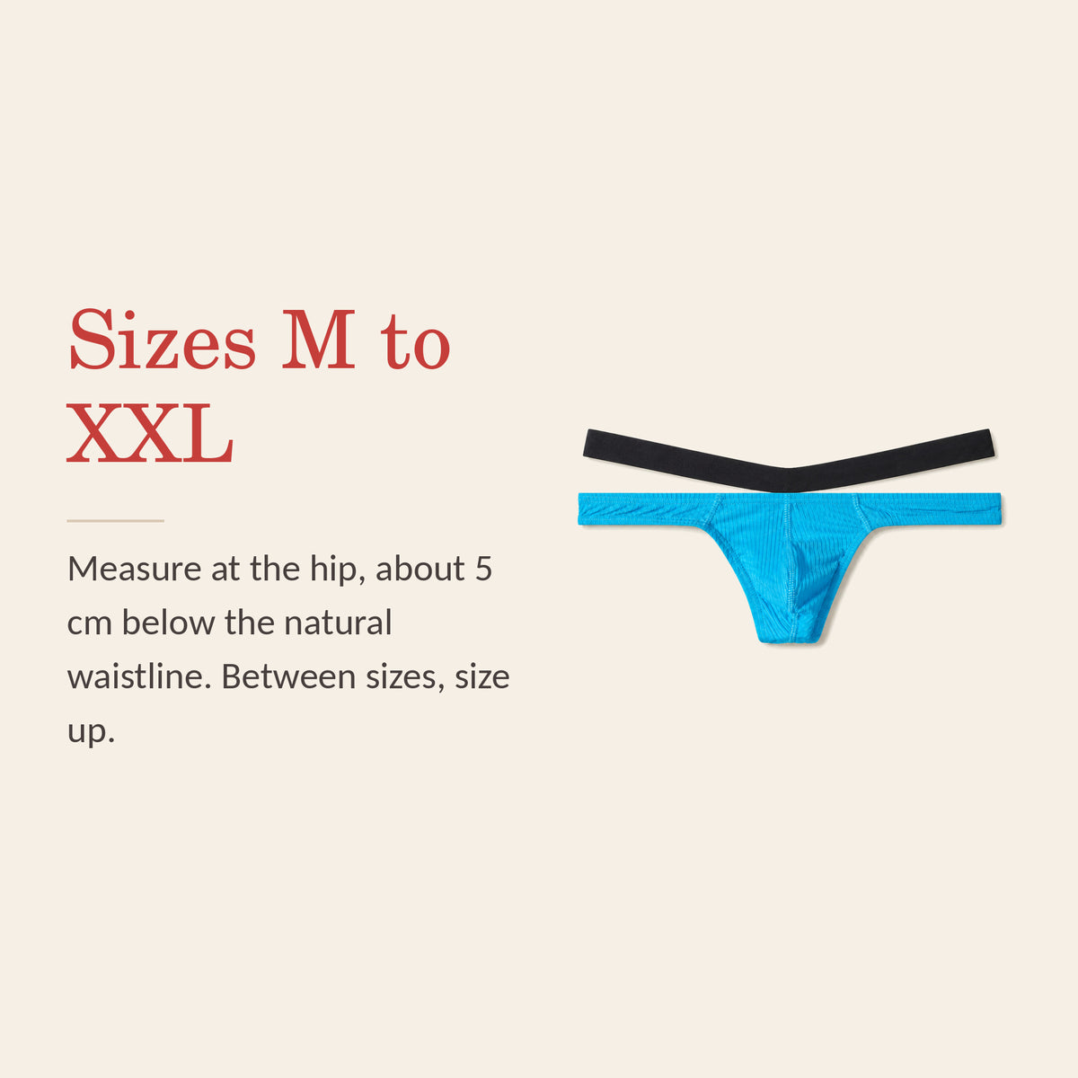 Low-rise thong feature banner: sizes M to XXL, measured at the hip about 5 cm below the natural waistline