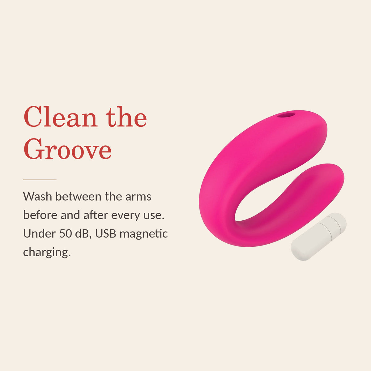 BlissFlex Duo feature banner: Clean the Groove — wash between the arms before and after every use; under 50 dB, USB magnetic charging