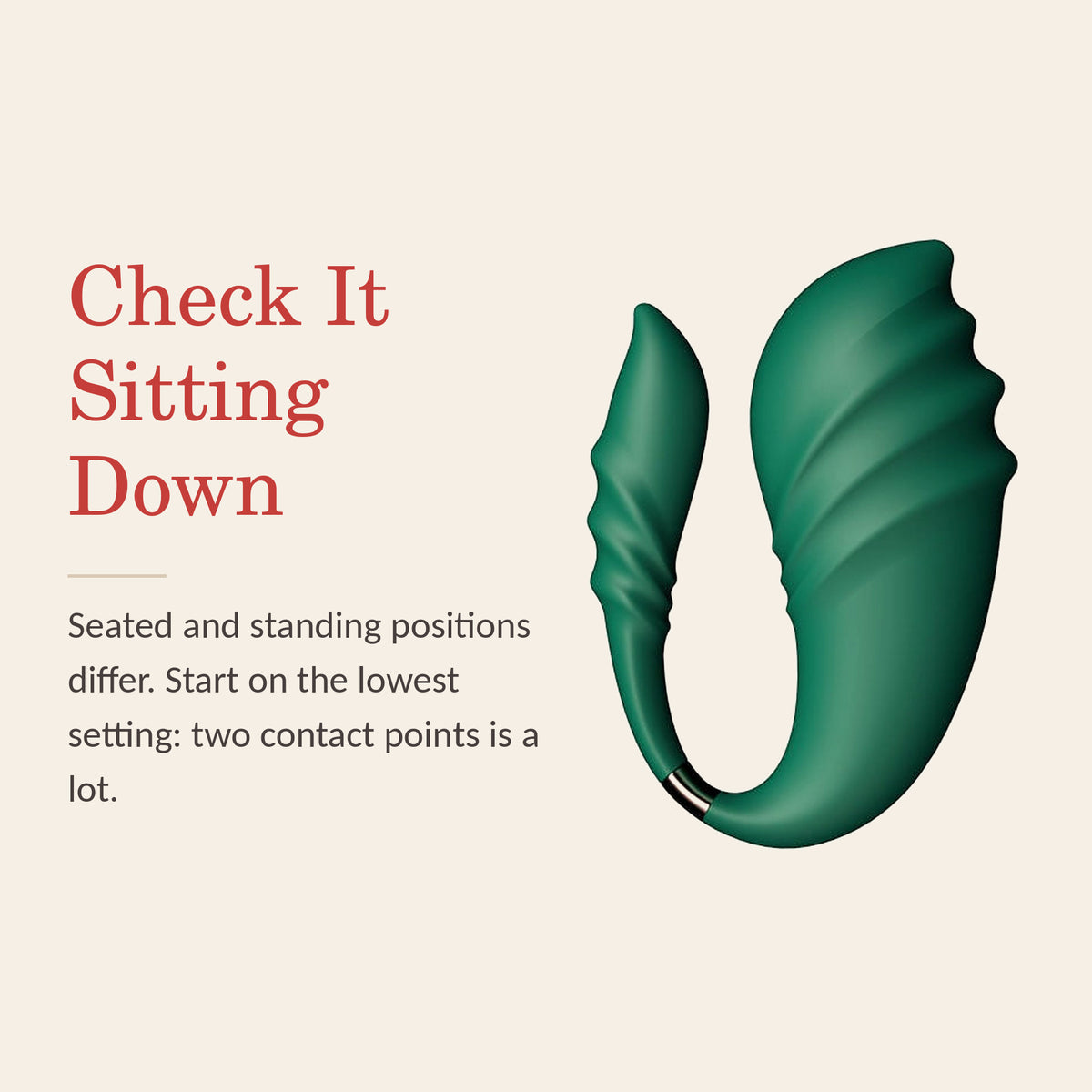Leaf Luxe feature banner: Check It Sitting Down — seated and standing positions differ; start on the lowest setting: two contact points is a lot