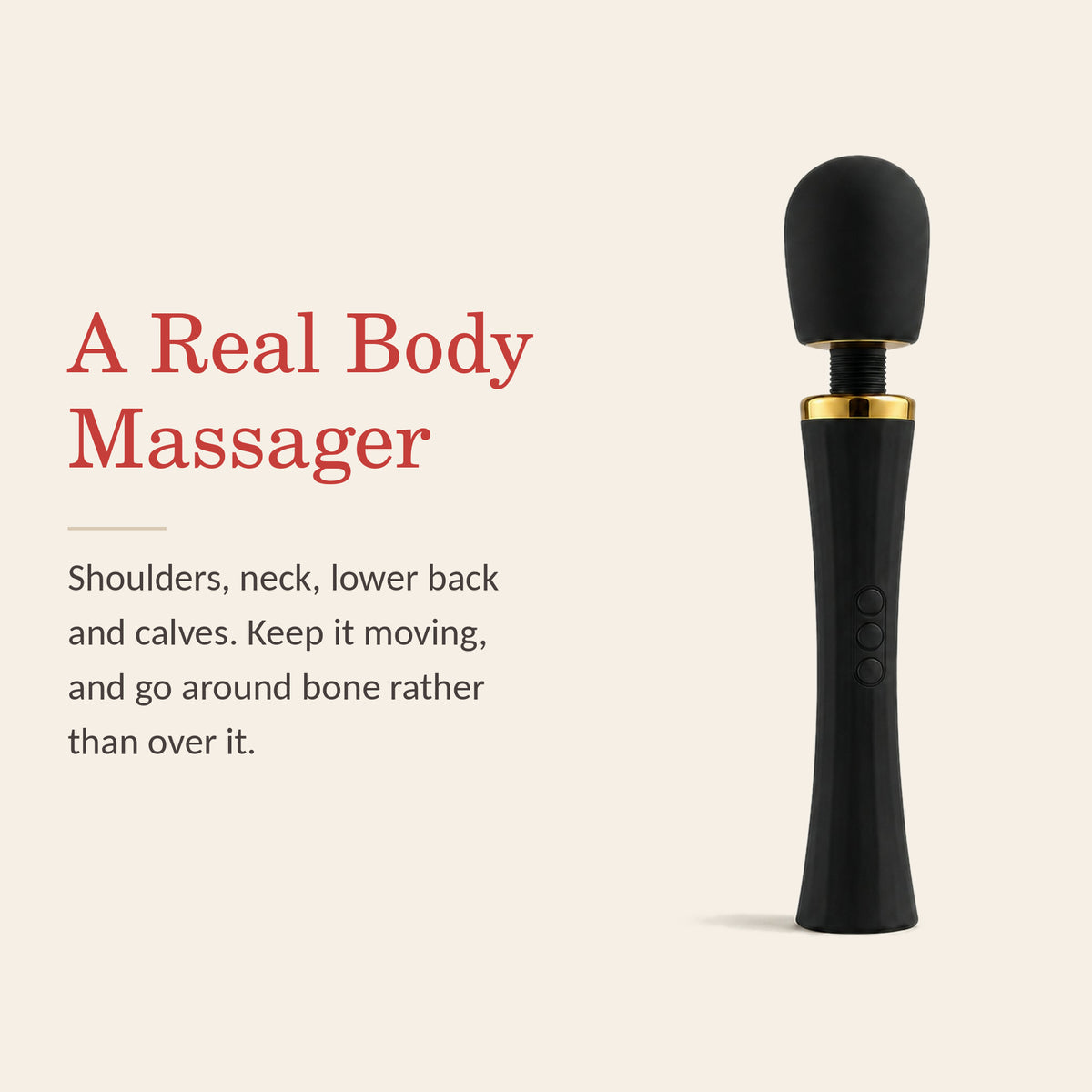 LuxePower Wand feature banner: A Real Body Massager — shoulders, neck, lower back and calves; keep it moving, go around bone rather than over it