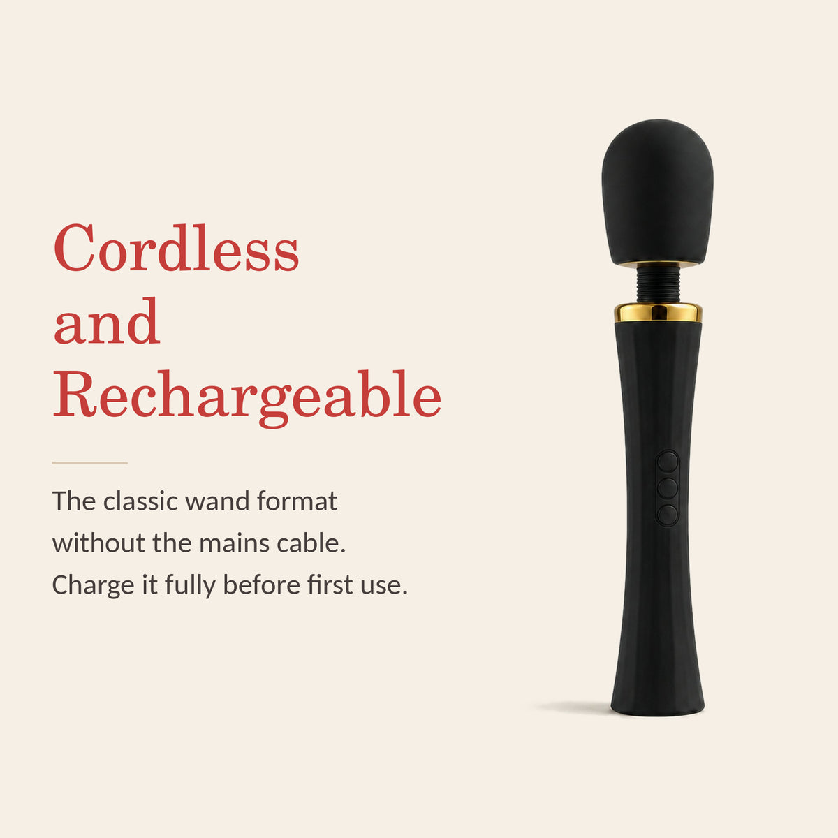 LuxePower Wand feature banner: Cordless and Rechargeable — the classic wand format without the mains cable; charge it fully before first use