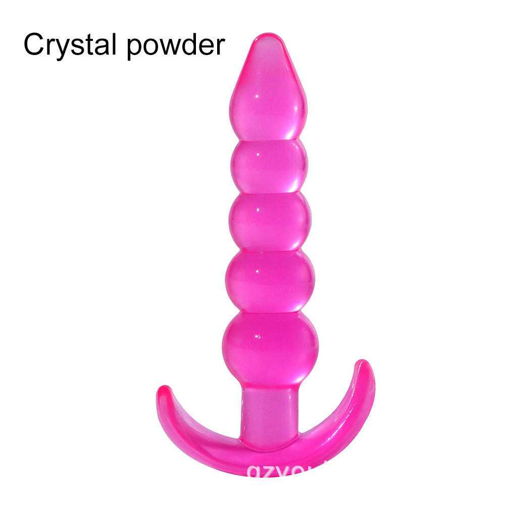 Silicone anal beads butt plug in translucent pink with five graduated beads and a curved T-base