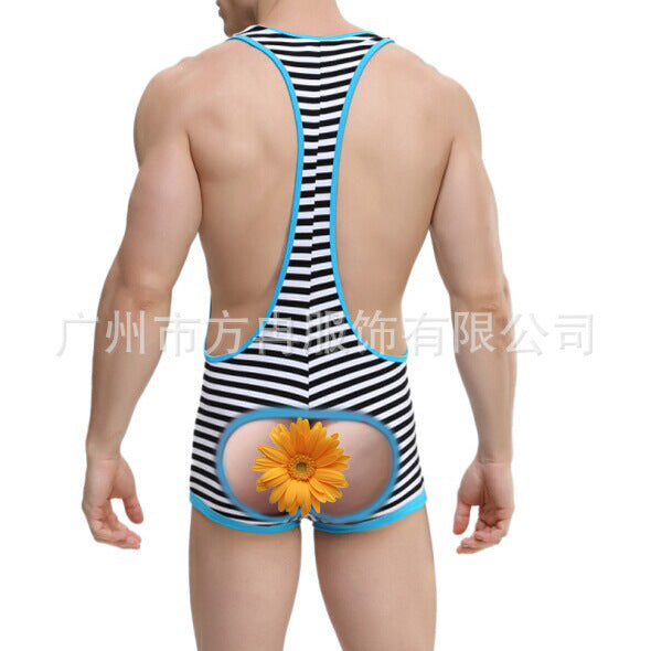 Luxury Men’s Striped Open-Back Bodysuit – Elegant Seduction with a Playful Edge