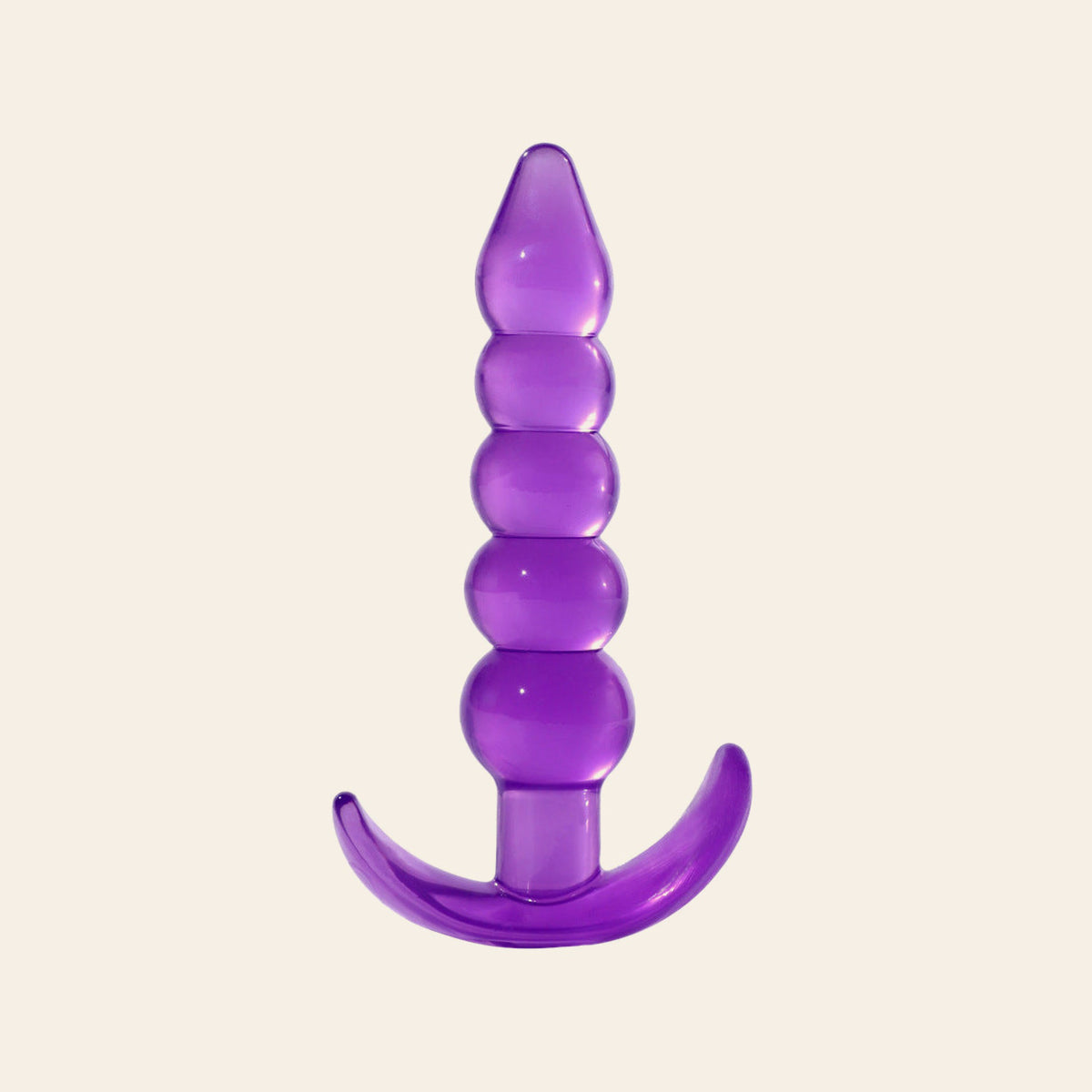 Translucent purple anal beads plug with five graduated beads and a curved T-bar base, on a soft beige background — Femme Bliss Anal Beads