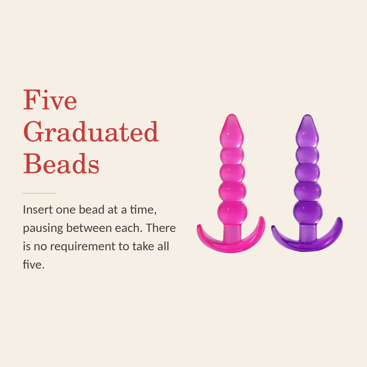 Jelly anal beads feature banner: Five Graduated Beads — insert one at a time, pausing between each; there is no requirement to take all five