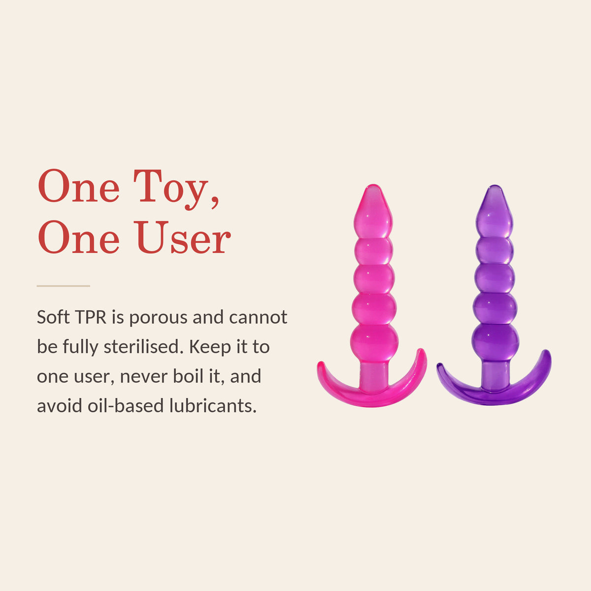 Jelly anal beads feature banner: One Toy, One User — soft TPR is porous and cannot be fully sterilised; keep it to one user, never boil it, avoid oil-based lubricants