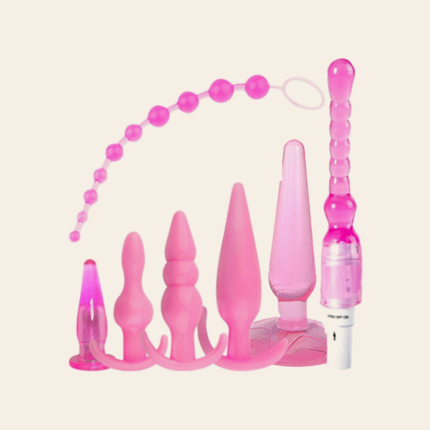 Beginner anal training kit in translucent pink on a beige background: five graduated silicone butt plugs, a bead string with pull ring and a vibrating beaded wand