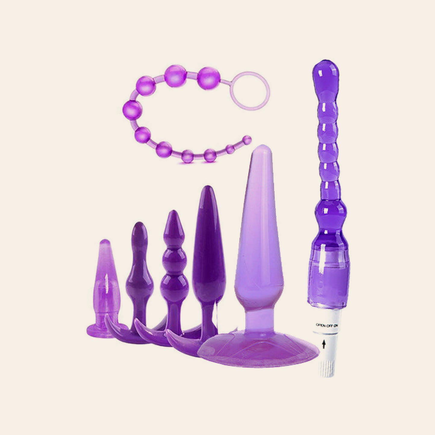 Beginner anal training kit in translucent purple on a beige background: five graduated silicone butt plugs, a bead string with pull ring and a vibrating beaded wand