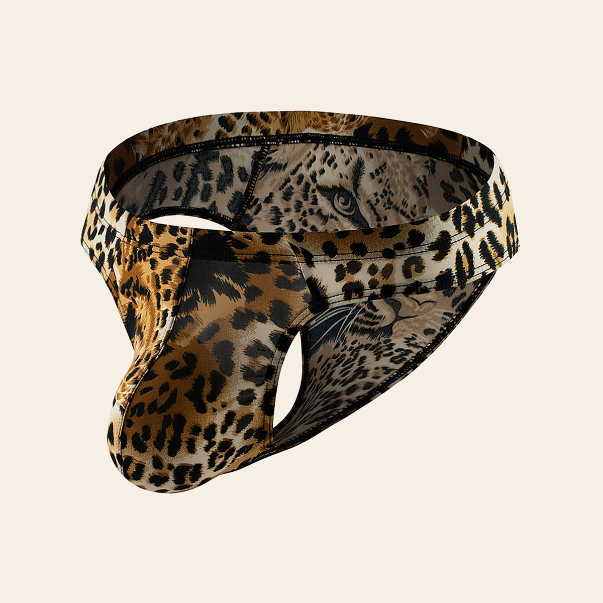 Men's low-rise briefs in leopard print with a contoured pouch and cutout front, on a soft beige background