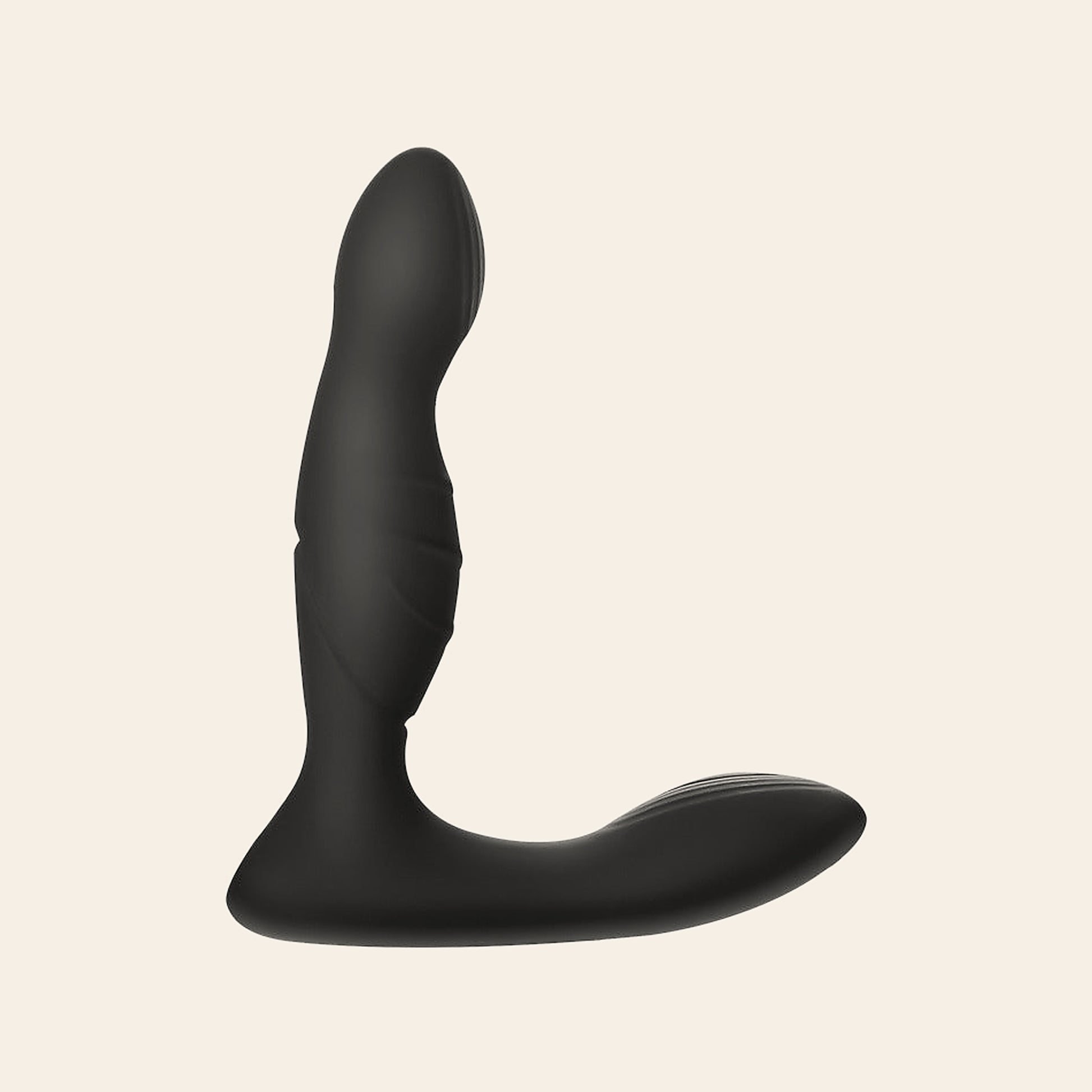 ApexPulse prostate massager in black — curved silicone shaft with a long flared perineum base, on a soft beige background