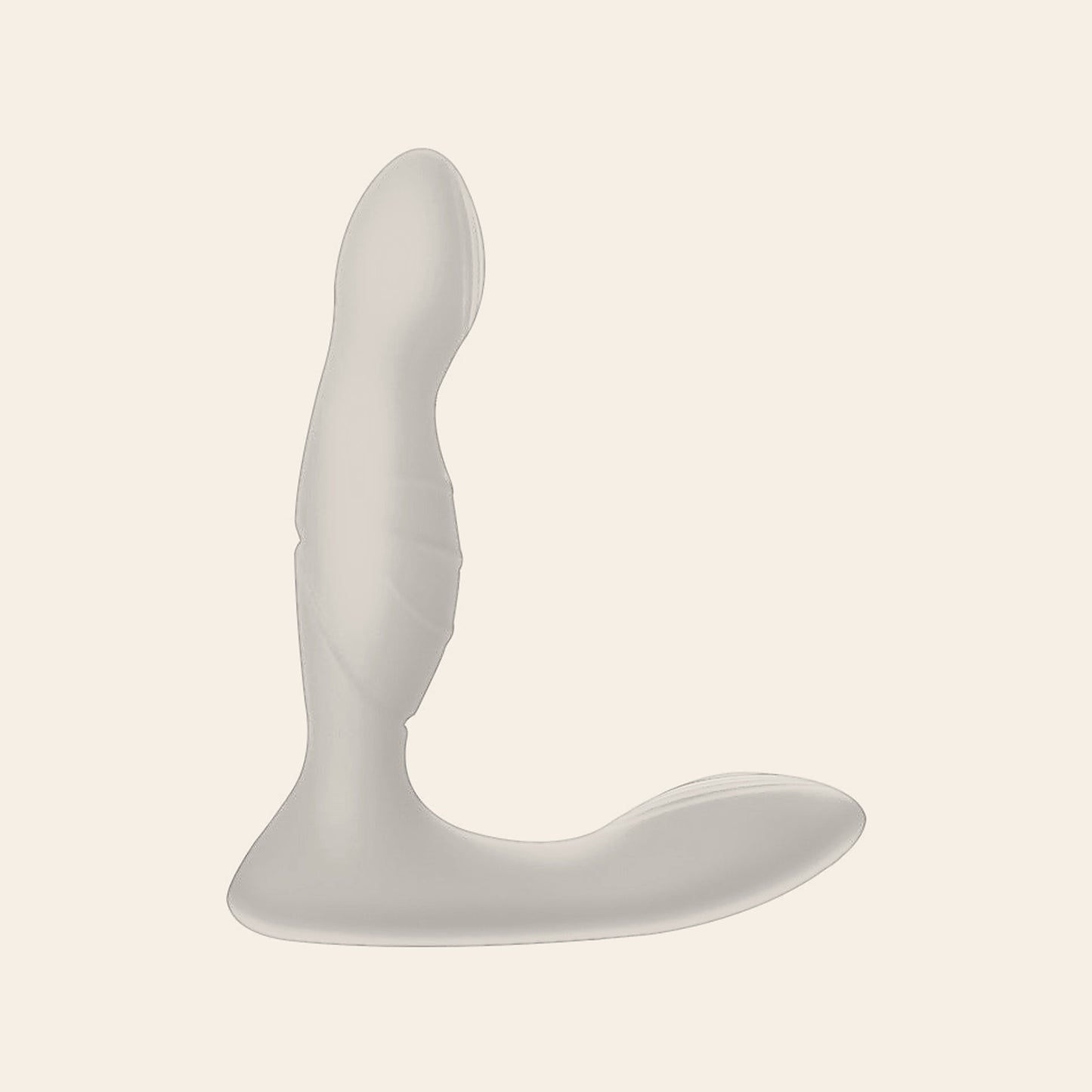 ApexPulse prostate massager in white — curved silicone shaft with a long flared perineum base, on a soft beige background
