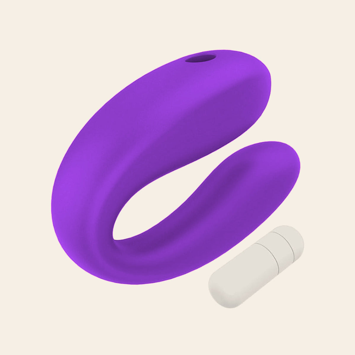 Purple U-shaped silicone couples vibrator with a white remote control on a soft beige background — Femme Bliss BlissFlex Duo