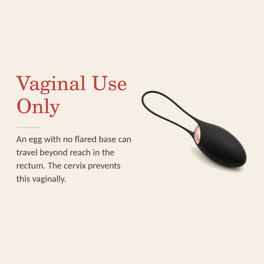 BlissLuna safety banner: vaginal use only — an egg with no flared base can travel beyond reach in the rectum