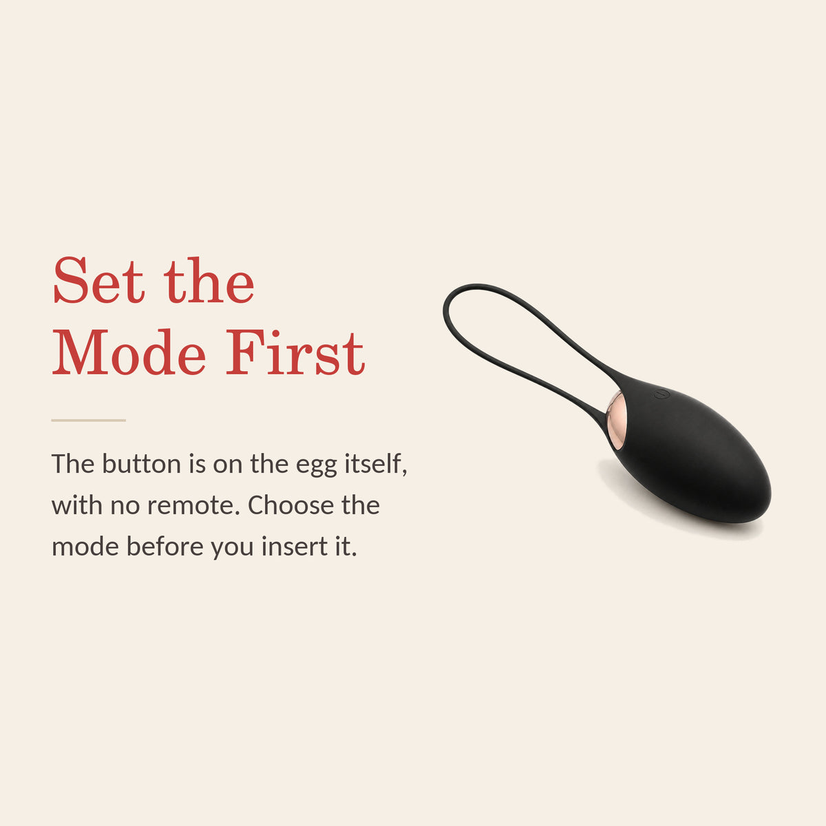 BlissLuna feature banner: Set the Mode First — the button is on the egg itself, with no remote; choose the mode before you insert it