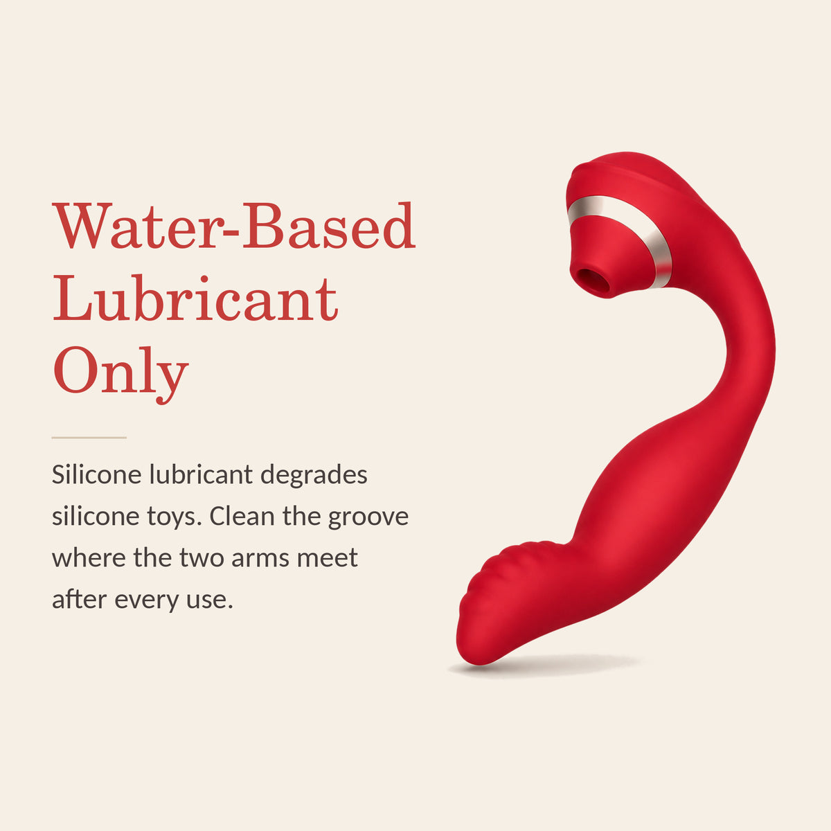BlissWave Duo feature banner: water-based lubricant only — silicone lubricant degrades silicone toys