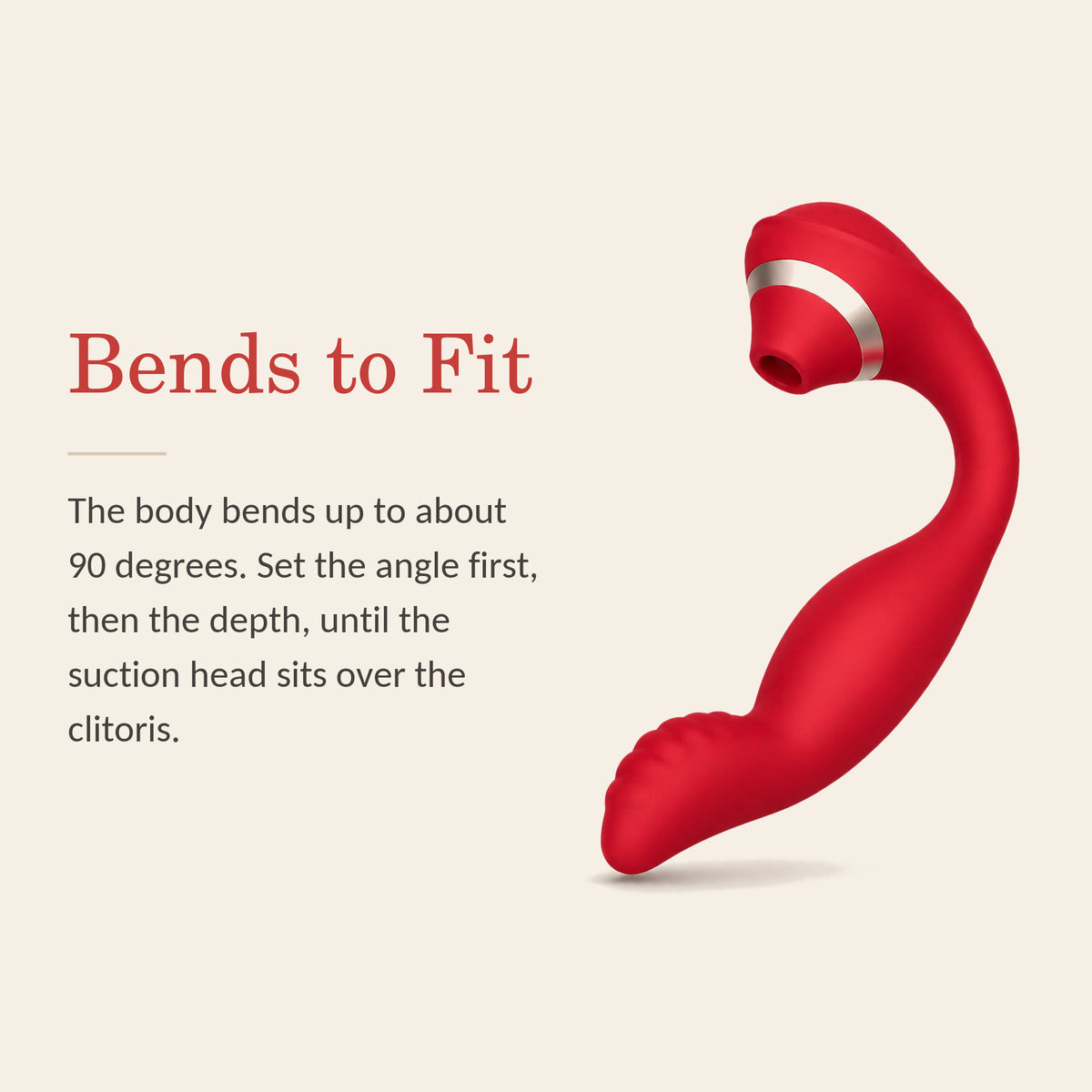 BlissWave Duo feature banner: Bends to Fit — set the angle first, then the depth, until the suction head sits over the clitoris