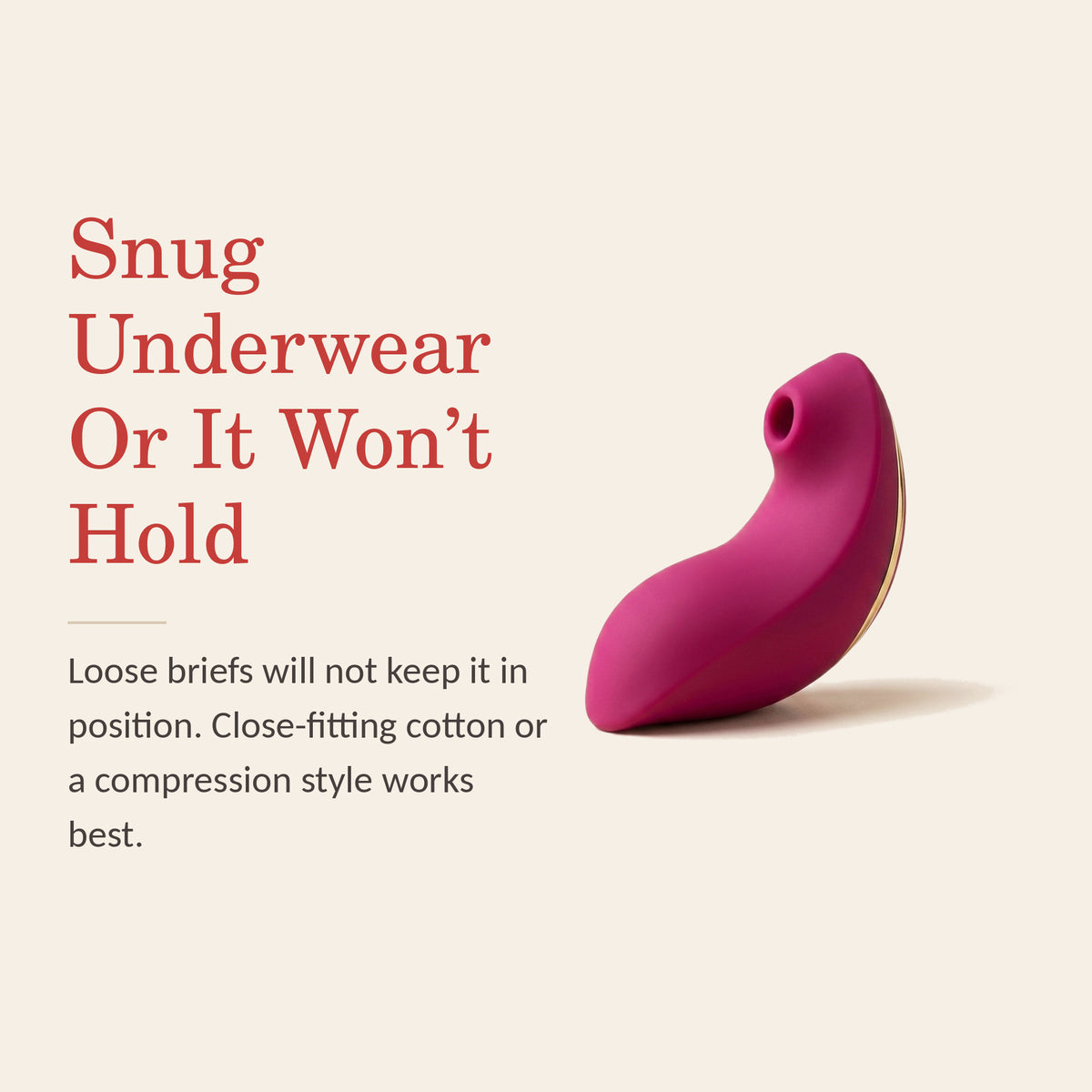 BlissWave feature banner: wear it with snug underwear — loose briefs will not hold it in position