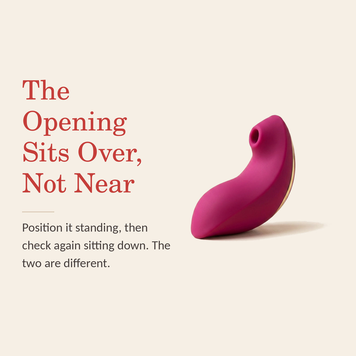 BlissWave feature banner: the suction opening must sit over the clitoris, not near it — check the position sitting and standing
