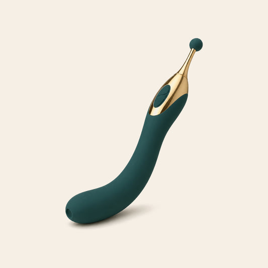 Slim gold and teal multi-head vibrating wand on a soft beige background — Femme Bliss BloomWand Trio