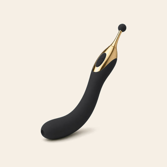 Slim black and gold multi-head vibrating wand on a soft beige background — Femme Bliss BloomWand Trio