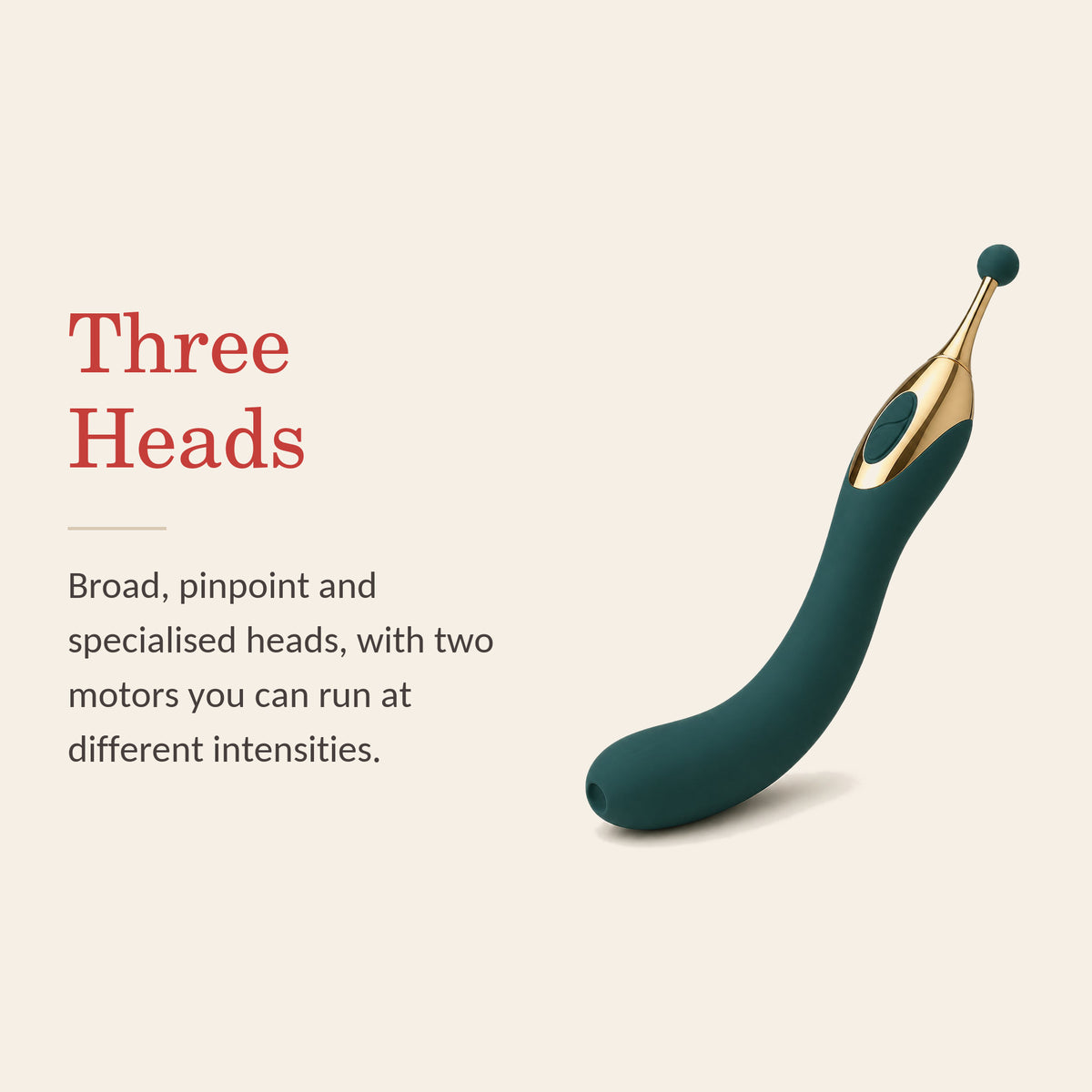 BloomWand Trio feature banner: Three Heads — broad, pinpoint and specialised heads, with two motors you can run at different intensities
