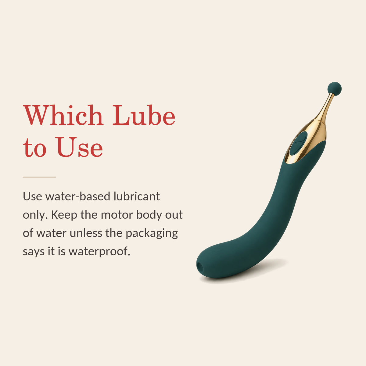 BloomWand Trio feature banner: Which Lube to Use — water-based lubricant only; keep the motor body out of water unless the packaging says it is waterproof
