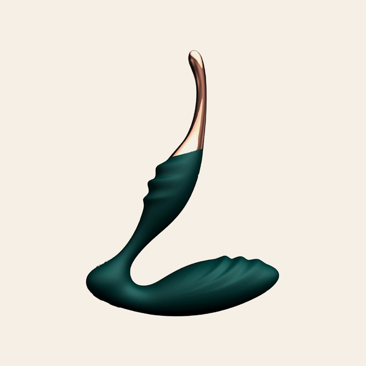 Dark teal silicone wearable vibrator with a curved G-spot arm and rose-gold tip, on a soft beige background — Femme Bliss Euphoria Curve