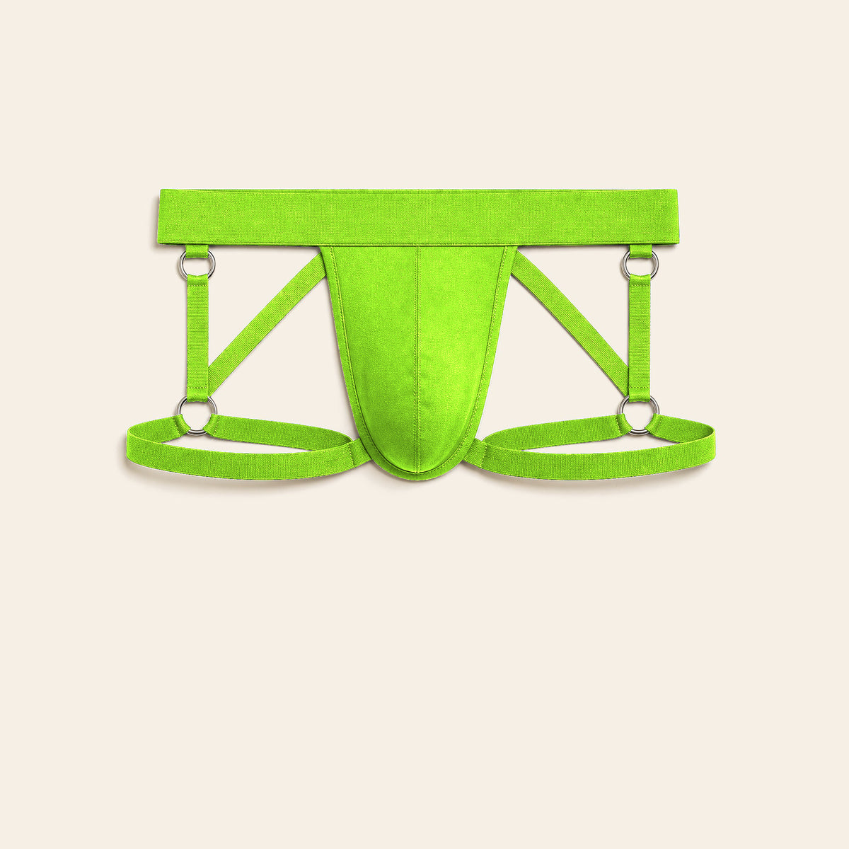 Men's strappy harness brief in neon green with an open cutout front and elastic thigh straps on a soft beige background — Femme Bliss Strappy Harness