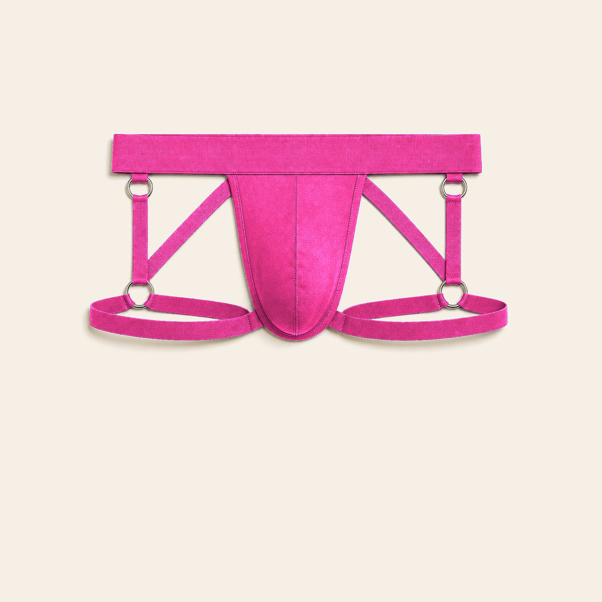 Men's strappy harness brief in neon pink with an open cutout front and elastic thigh straps on a soft beige background — Femme Bliss Strappy Harness