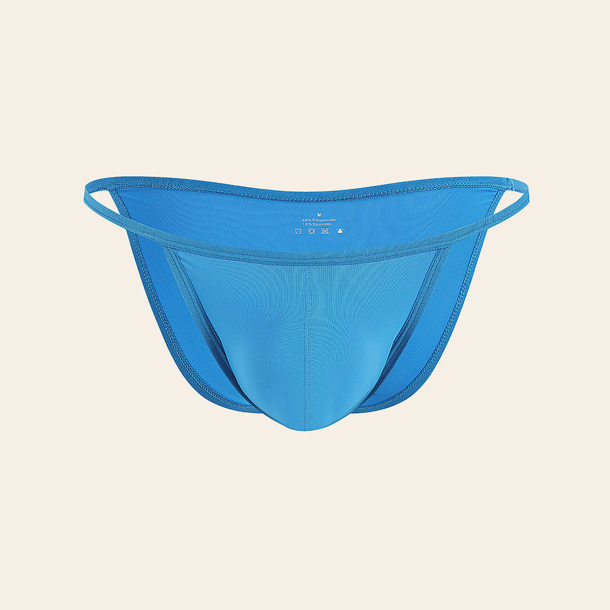 Men's low-rise ice silk briefs in blue with a 3D contour pouch, on a soft beige background