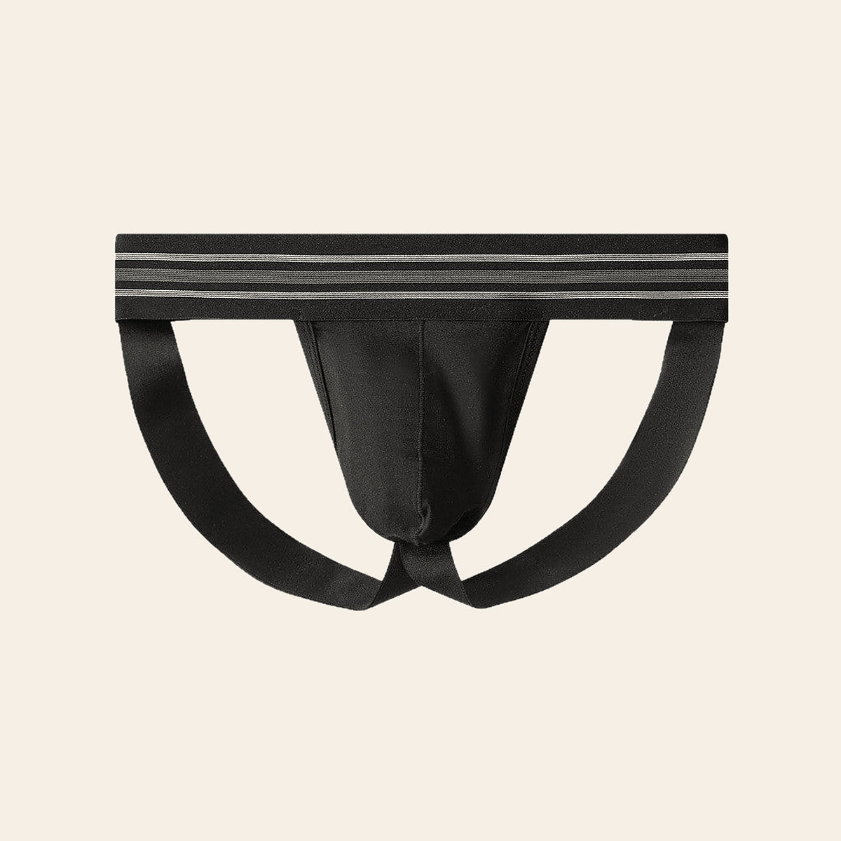 Men's black athletic jockstrap with a supportive pouch, open back and striped elastic waistband, on a soft beige background