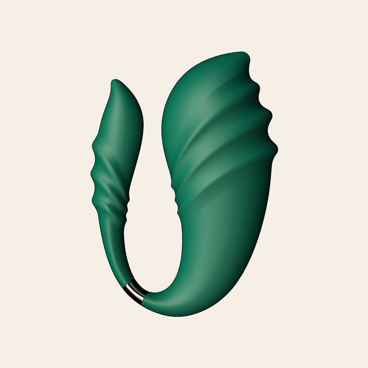 Dark green leaf-shaped silicone couples vibrator with a ridged wing and curved arm, on a soft beige background — Femme Bliss Leaf Luxe