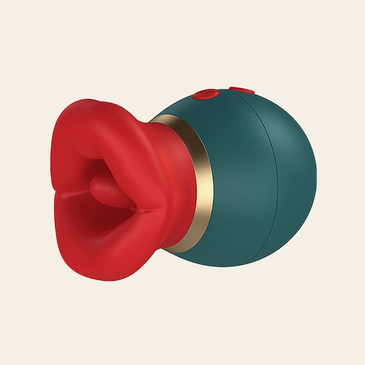 Red lip-shaped tongue and suction stimulator with a teal body and gold ring on a soft beige background — Femme Bliss LushKiss