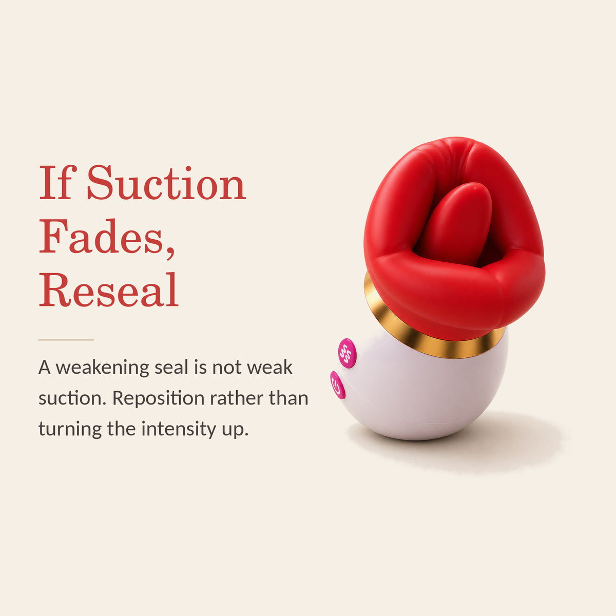 LushKiss feature banner: if suction fades the seal has broken — reposition rather than turning the intensity up