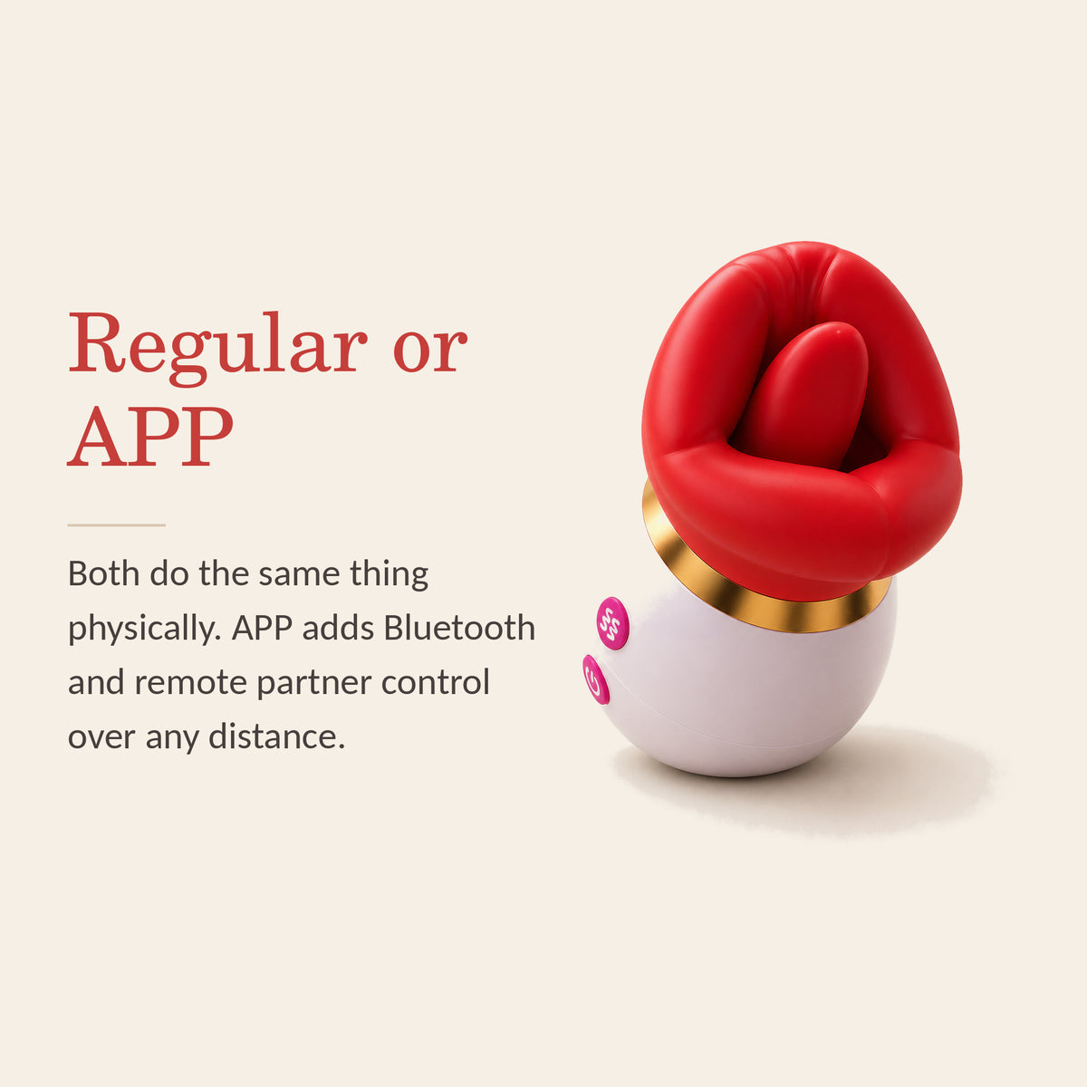 LushKiss feature banner: Regular or APP variant — both work the same physically, APP adds Bluetooth and remote partner control