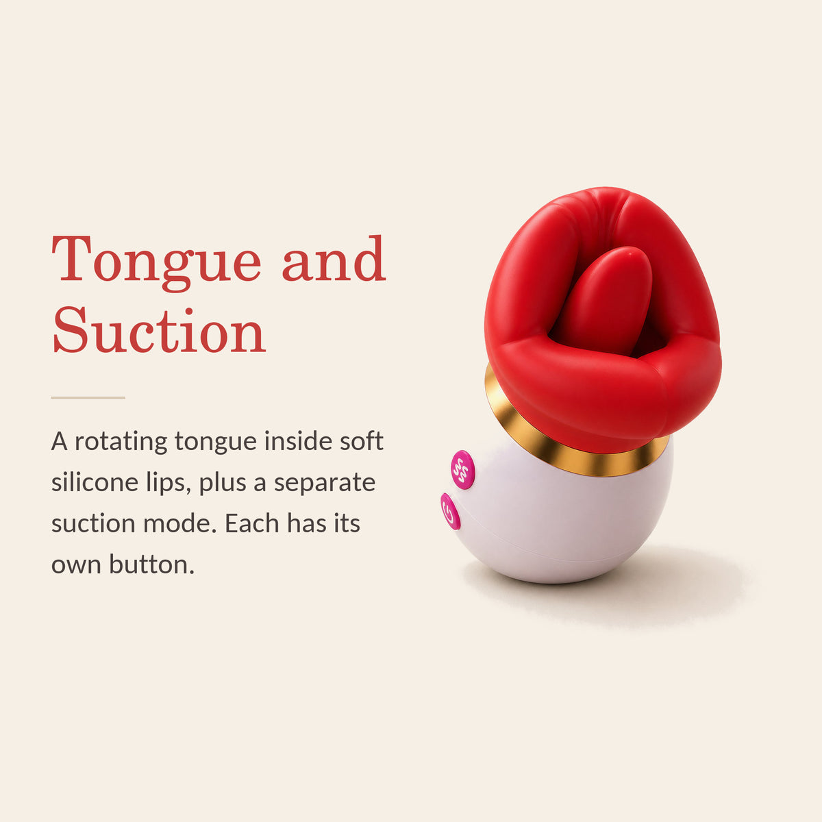 LushKiss feature banner: Tongue and Suction — a rotating tongue inside soft silicone lips plus a separate suction mode, each with its own button