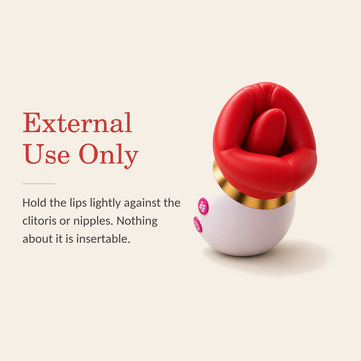 LushKiss feature banner: External Use Only — hold the lips lightly against the clitoris or nipples; nothing about it is insertable