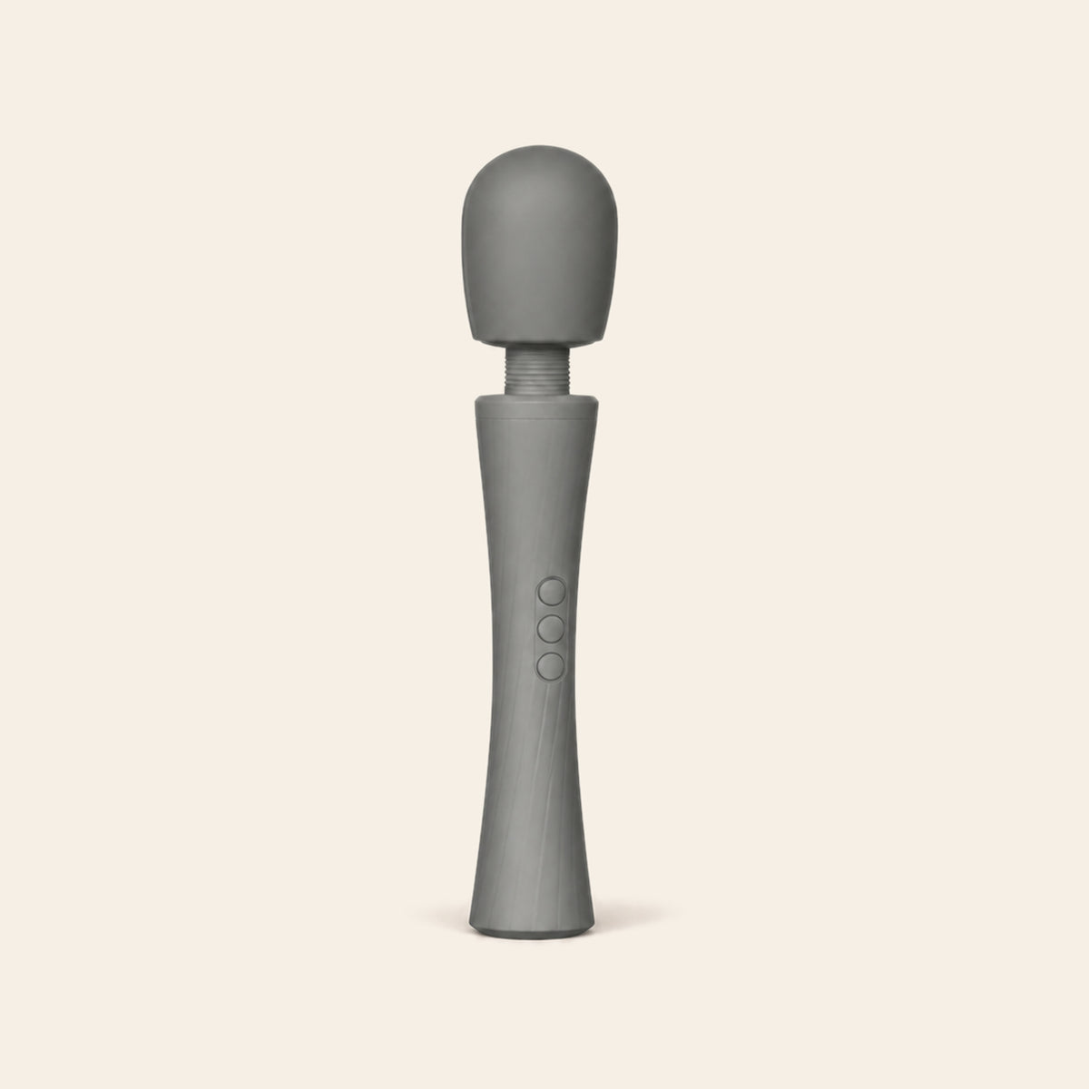 LuxePower Wand rechargeable massager in grey with a rounded silicone head and flexible neck, on a beige background