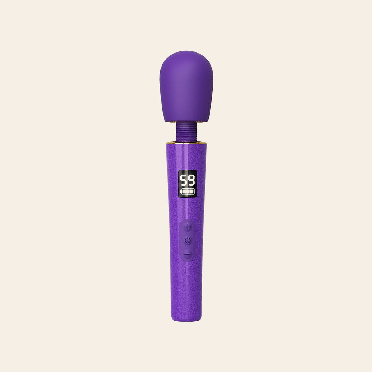 LuxePower Wand rechargeable massager in purple with a digital speed display and control buttons, on a beige background