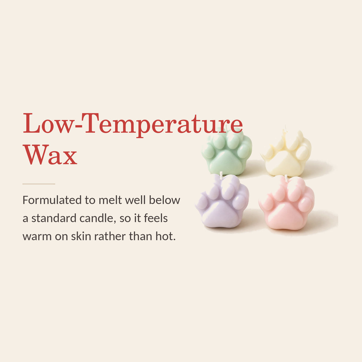 MeltMoment Paw feature banner: low-temperature wax that melts well below a standard candle