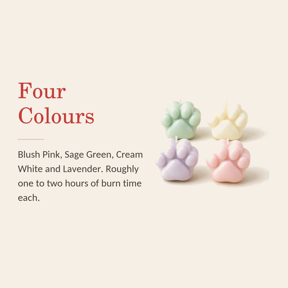 MeltMoment Paw feature banner: Four Colours — blush pink, sage green, cream white and lavender, one to two hours burn time each