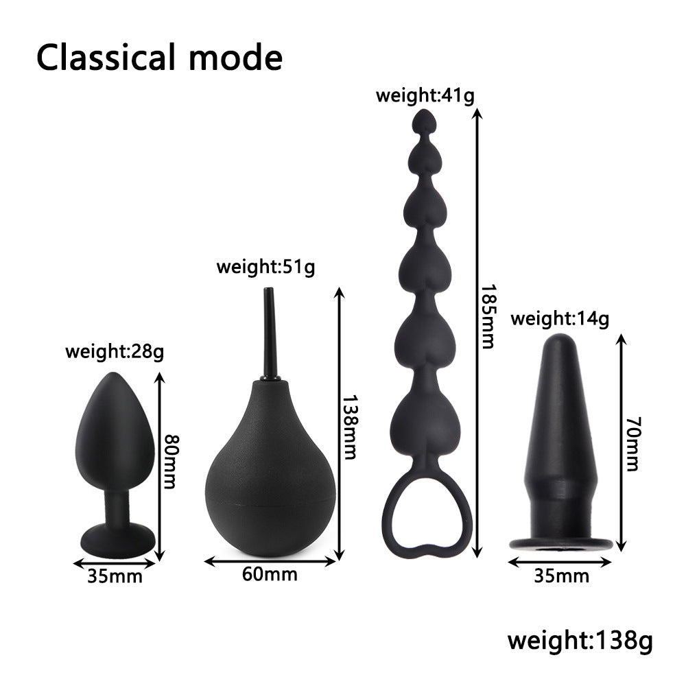 4-in-1 anal care set, non-vibrating version, with dimensions and weight for each of the four pieces