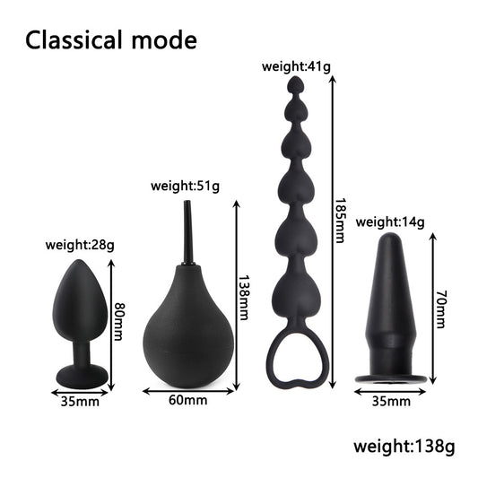 4-in-1 anal care set, non-vibrating version, with dimensions and weight for each of the four pieces