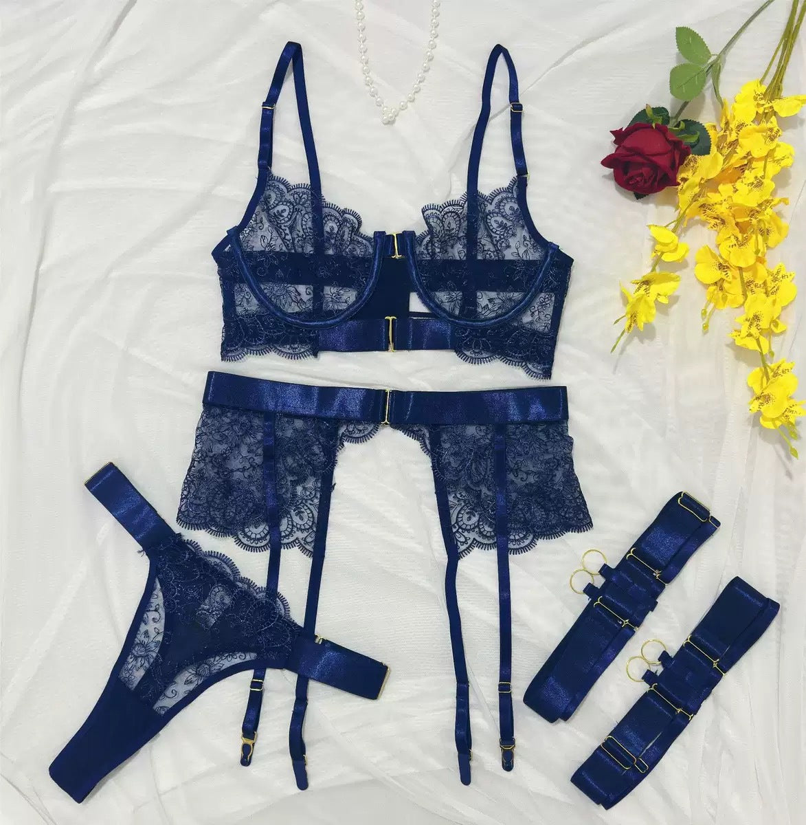 Eyelash Lace Embroidered Lingerie Set in Navy — Femme Bliss