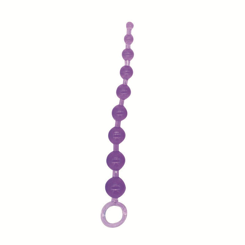 Translucent purple silicone anal bead string with graduated beads and a pull ring, from the beginner training kit