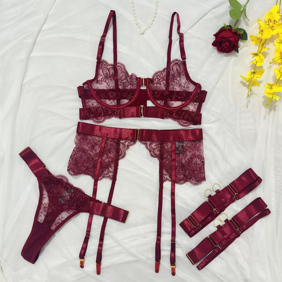 Eyelash Lace Embroidered Lingerie Set in Wine — Femme Bliss