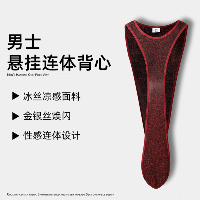 Men's Suspender Bodysuit — Ice Silk One-Piece with Contour Pouch